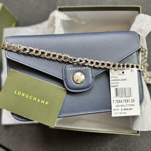 Longchamp Navy Leather Crossbody Wallet with Chain Strap Small